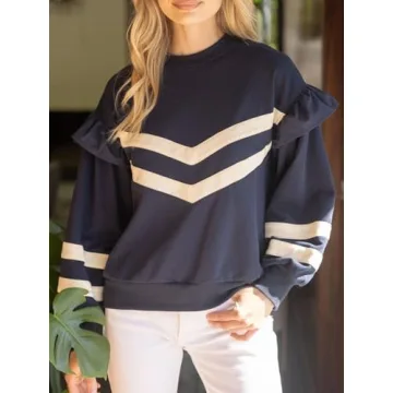 Yinawsky Womens Trendy Sweatshirt Casual Crewneck Long Sleeve Colorblock Striped Drop Shoulder Pullover(0294-NavyBlue-S)