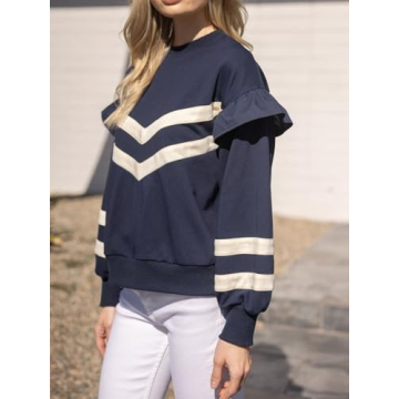 Yinawsky Womens Trendy Sweatshirt Casual Crewneck Long Sleeve Colorblock Striped Drop Shoulder Pullover(0294-NavyBlue-S)