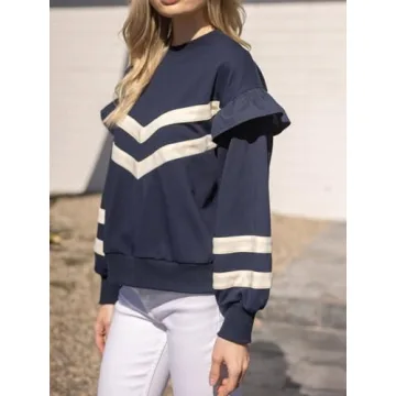 Yinawsky Womens Trendy Sweatshirt Casual Crewneck Long Sleeve Colorblock Striped Drop Shoulder Pullover(0294-NavyBlue-S)