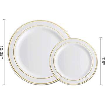 125 Piece Gold Dinnerware Party Set - 50 Gold Rim Plastic Plates, 25 Dinner 25 Dessert Plates, 25 Kn...