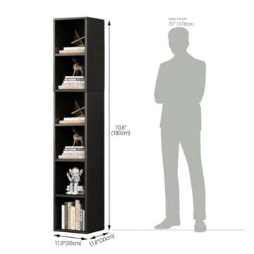ALISENED 70.8" Tall Narrow Bookshelf, 6 Shelf Wooden Corner Bookcase, Modern Skinny Cubes Storage Or...
