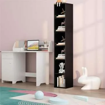 ALISENED 70.8" Tall Narrow Bookshelf, 6 Shelf Wooden Corner Bookcase, Modern Skinny Cubes Storage Organizer Display Shelving for Bedroom, Library, Living Room, Home, Office, Black