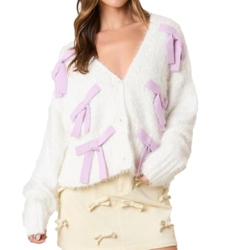 Women Fairycore Bow Knot Sweater Cardigan Y2k Cute Girly Long Sleeve Open Front Ribbon Knitwear Fall...