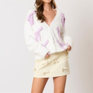 Women Fairycore Bow Knot Sweater Cardigan Y2k Cute Girly Long Sleeve Open Front Ribbon Knitwear Fall Cottagecore Outfit Purple