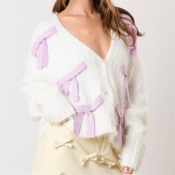 Women Fairycore Bow Knot Sweater Cardigan Y2k Cute Girly Long Sleeve Open Front Ribbon Knitwear Fall Cottagecore Outfit Purple