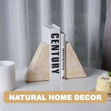 Marble Bookends，Natural Decorative Bookend for Shelves, Non-Skid Book End for Heavy Books, Idea Bo...