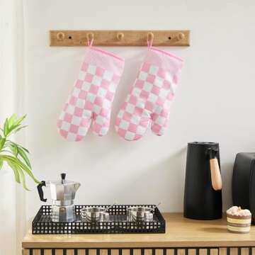 Ohocut Pink Checkered Oven Mitts Heat Resistant, Vintage Retro Checkerboard Cute Oven Mitts, Non-Slip Silicone Kitchen Oven Mitts Gloves 1 Pair 7''x13''