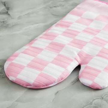 Ohocut Pink Checkered Oven Mitts Heat Resistant, Vintage Retro Checkerboard Cute Oven Mitts, Non-Slip Silicone Kitchen Oven Mitts Gloves 1 Pair 7''x13''