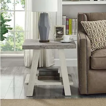 Roundhill Furniture Athens Contemporary Two-Tone Wood Shelf End Table, Weathered Gray and Beige