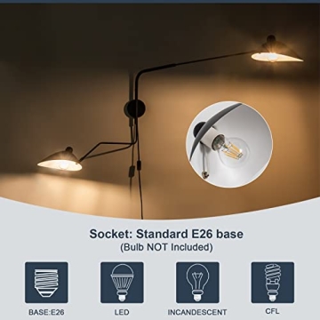 Chiynght Modern Swing Arm Wall Sconce Plug in Black