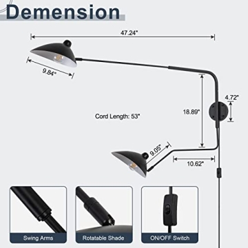 Chiynght Modern Swing Arm Wall Sconce Plug in Black