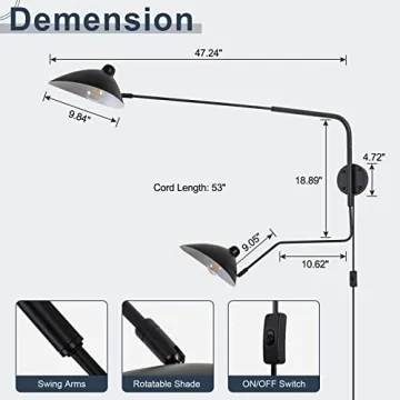 Chiynght Modern Swing Arm Wall Sconce Plug in Black