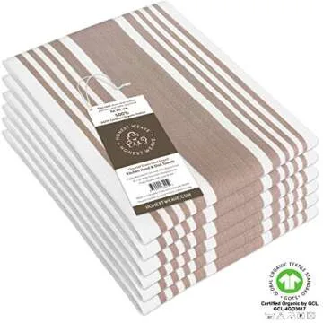 HONEST WEAVE GOTS Certified Organic Cotton Kitchen Hand and Dish Towel Sets - Oversized 20x30 inches, Fully Hemmed, in Designer Colors, 6-Pack, Sand Stripe