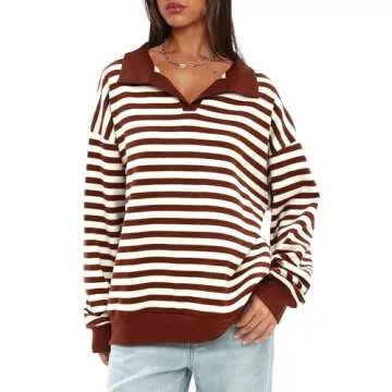 Darong Womens Oversized Sweatshirts Striped Polo Neck Pullover Sweaters Casual Comfy Fall Fashion Outfits Clothes 2024 9072 Brown M
