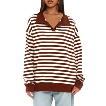 Darong Womens Oversized Sweatshirts Striped Polo Neck Pullover Sweaters Casual Comfy Fall Fashion Outfits Clothes 2024 9072 Brown M