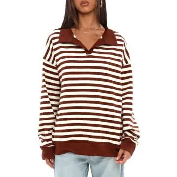 Darong Womens Oversized Sweatshirts Striped Polo Neck Pullover Sweaters Casual Comfy Fall Fashion Outfits Clothes 2024 9072 Brown M
