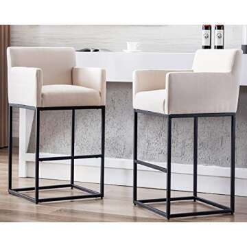 HNY Modern Counter Height Bar Stools Set of 4, Linen Fabric Upholstered Bar Stools with Backs, 30 Inch Kitchen Island Stools with Black Metal Frame, Cream