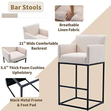 HNY Modern Counter Height Bar Stools Set of 4, Linen Fabric Upholstered Bar Stools with Backs, 30 Inch Kitchen Island Stools with Black Metal Frame, Cream