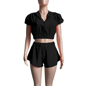 LYANER Women's Two Piece Outfit Set Hoodies Zip Up Crop Top and Shorts Sweatsuit Black Medium