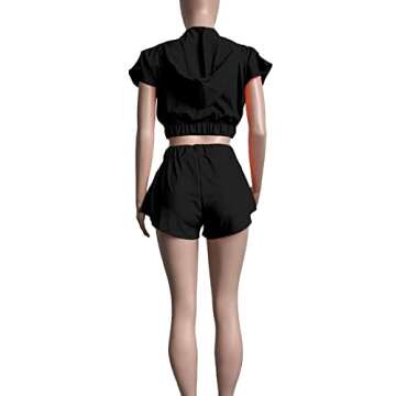 LYANER Women's Two Piece Outfit Set Hoodies Zip Up Crop Top and Shorts Sweatsuit Black Medium
