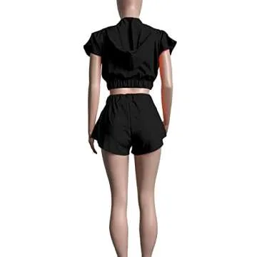 LYANER Women's Two Piece Outfit Set Hoodies Zip Up Crop Top and Shorts Sweatsuit Black Medium