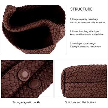 LMKIDS Women Vegan Leather Hand-Woven Tote Handbag Fashion Shoulder Top-handle Bag All-Match Underarm Bag with Purse (Coffee)