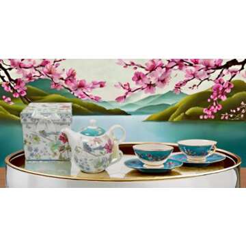 Lightahead Bone China Tea for One Set in Blue Bird Design, in attractive Reusable Handmade Gift Box (With Ribbon), Blue