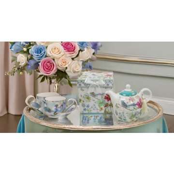 Lightahead Bone China Tea for One Set in Blue Bird Design, in attractive Reusable Handmade Gift Box (With Ribbon), Blue