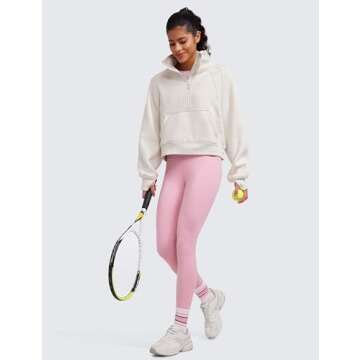 CRZ YOGA Womens Fleece Lined Half Zipper Sweatshirts Funnel Neck Long Sleeve Oversized Pullover Hoodies with Thumb Holes Milky White (Bone) Small