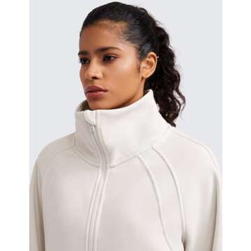 CRZ YOGA Womens Fleece Lined Half Zipper Sweatshirts Funnel Neck Long Sleeve Oversized Pullover Hoodies with Thumb Holes Milky White (Bone) Small