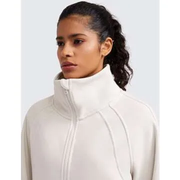 CRZ YOGA Womens Fleece Lined Half Zipper Sweatshirts Funnel Neck Long Sleeve Oversized Pullover Hoodies with Thumb Holes Milky White (Bone) Small