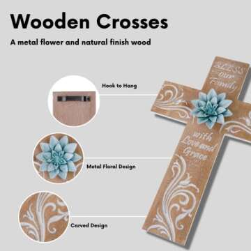 BAYSBAI Cross Wall Decor With Metal Flower - Bless Our Family Cross Decor, Bead Crafts - Religious, Spiritual, Christian, Crucifix, Orthodox Home Decoration - Weathered Wood Look Art Sculpture