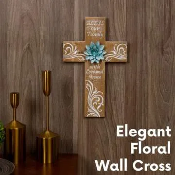 BAYSBAI Cross Wall Decor With Metal Flower - Bless Our Family Cross Decor, Bead Crafts - Religious, Spiritual, Christian, Crucifix, Orthodox Home Decoration - Weathered Wood Look Art Sculpture
