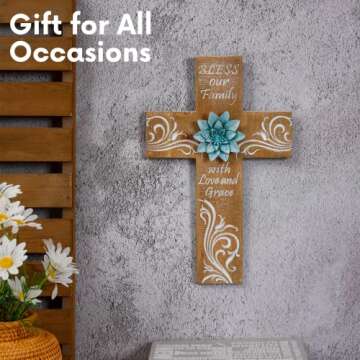 BAYSBAI Cross Wall Decor With Metal Flower - Bless Our Family Cross Decor, Bead Crafts - Religious, Spiritual, Christian, Crucifix, Orthodox Home Decoration - Weathered Wood Look Art Sculpture
