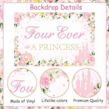 kreat4joy Four Ever a Princess Birthday Decorations Backdrop, Princess 4th Birthday Party Decoration...