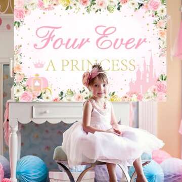 kreat4joy Four Ever a Princess Birthday Decorations Backdrop, Princess 4th Birthday Party Decorations Backdrop Banner for 4 Year Old Girl Birthday