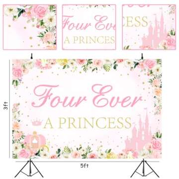kreat4joy Four Ever a Princess Birthday Decorations Backdrop, Princess 4th Birthday Party Decorations Backdrop Banner for 4 Year Old Girl Birthday