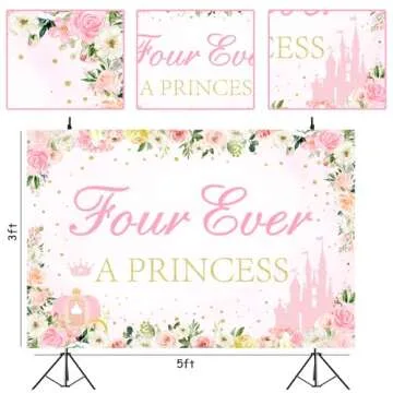 kreat4joy Four Ever a Princess Birthday Decorations Backdrop, Princess 4th Birthday Party Decorations Backdrop Banner for 4 Year Old Girl Birthday