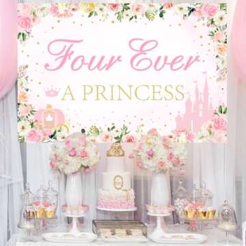 kreat4joy Four Ever a Princess Birthday Decorations Backdrop, Princess 4th Birthday Party Decorations Backdrop Banner for 4 Year Old Girl Birthday