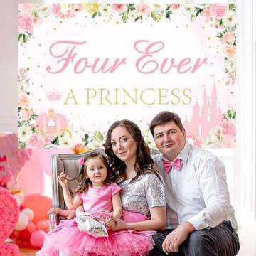 kreat4joy Four Ever a Princess Birthday Decorations Backdrop, Princess 4th Birthday Party Decorations Backdrop Banner for 4 Year Old Girl Birthday