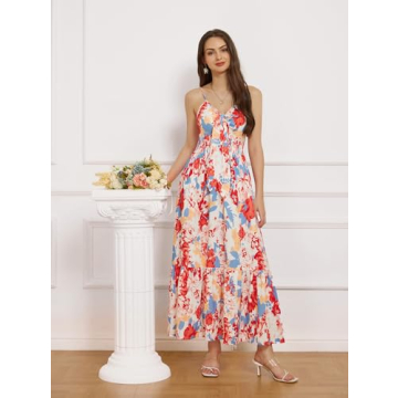 Women Casual Summer Dresses 2025 Spaghetti Strap Sleeveless Sundress Floral Ruffle Flowy Beach Long Dress