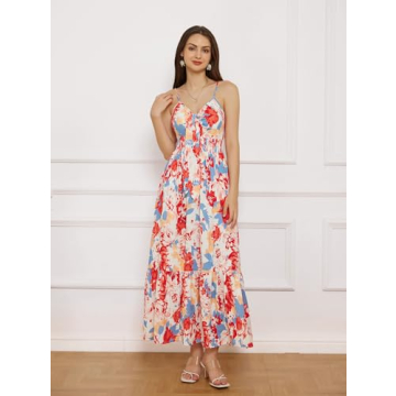 Women Casual Summer Dresses 2025 Spaghetti Strap Sleeveless Sundress Floral Ruffle Flowy Beach Long Dress