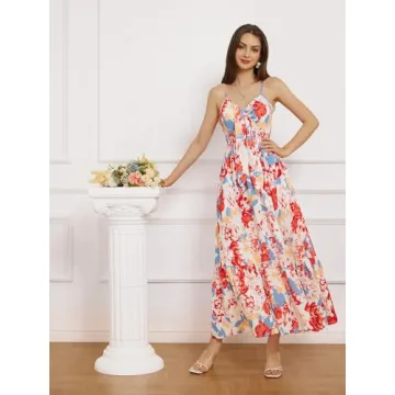 Women Casual Summer Dresses 2025 Spaghetti Strap Sleeveless Sundress Floral Ruffle Flowy Beach Long Dress