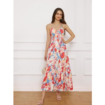 Women Casual Summer Dresses 2025 Spaghetti Strap Sleeveless Sundress Floral Ruffle Flowy Beach Long Dress