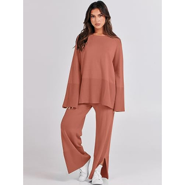 ANRABESS Women's Oversized Knit Sweater Wide Leg Pant Set