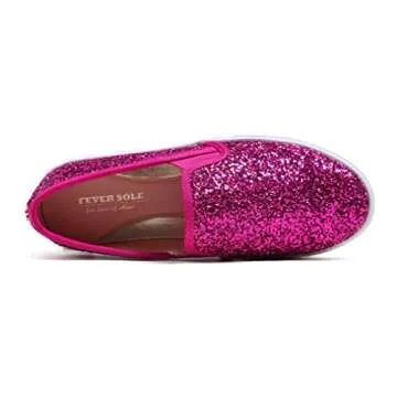 FEVERSOLE Women's Fashion Slip-On Sneaker Casual Flat Loafers Hot Fuchsia Glitter Size 8.5 M US