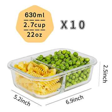 Bayco 10 Pack Glass Meal Prep Containers 2 Compartment, Glass Food Storage Containers with Lids, Airtight Glass Lunch Bento Boxes, BPA-Free & Leak Proof (10 lids & 10 Containers)