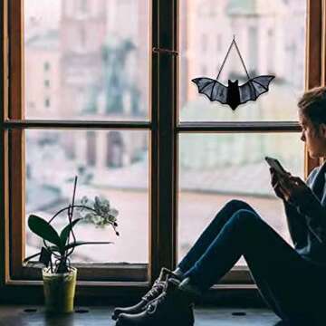 HAOSUM Bat Stained Glass Window Hanging Suncatcher for Window,Halloween Bat Decoration 7.1×3.0 inch…