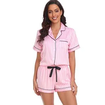 Serenedelicacy Women's Satin Pajama Set 2-Piece Sleepwear Loungewear Button Down Short Sleeve Silky PJ Set (Small, Pink, Striped)