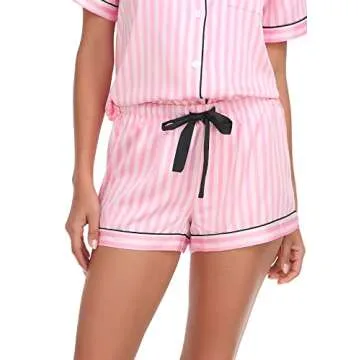 Serenedelicacy Women's Satin Pajama Set 2-Piece Sleepwear Loungewear Button Down Short Sleeve Silky PJ Set (Small, Pink, Striped)